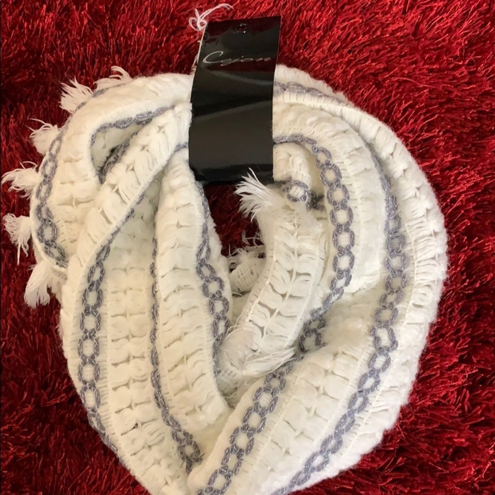 White and silver infinity scarf.